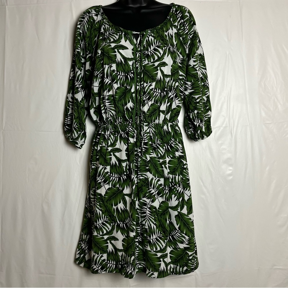 Ocean Pacific Green White Tropical Print 3/4 Sleeve‎ Dress Women's Size M…